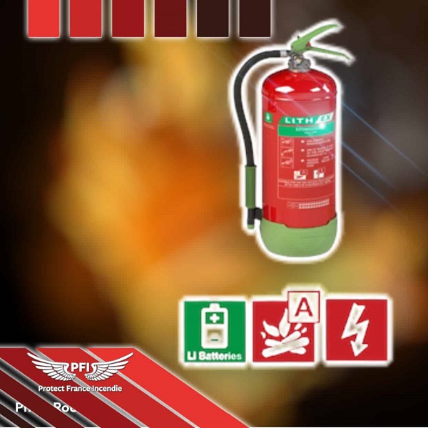 Extincteur batterie lithium : La gamme d'extincteurs Lith-Ex, équipée de l'agent extincteur AVD (Dispersion Aqueuse de Vermiculite), est spécifiquement conçue pour les feux de batteries lithium.